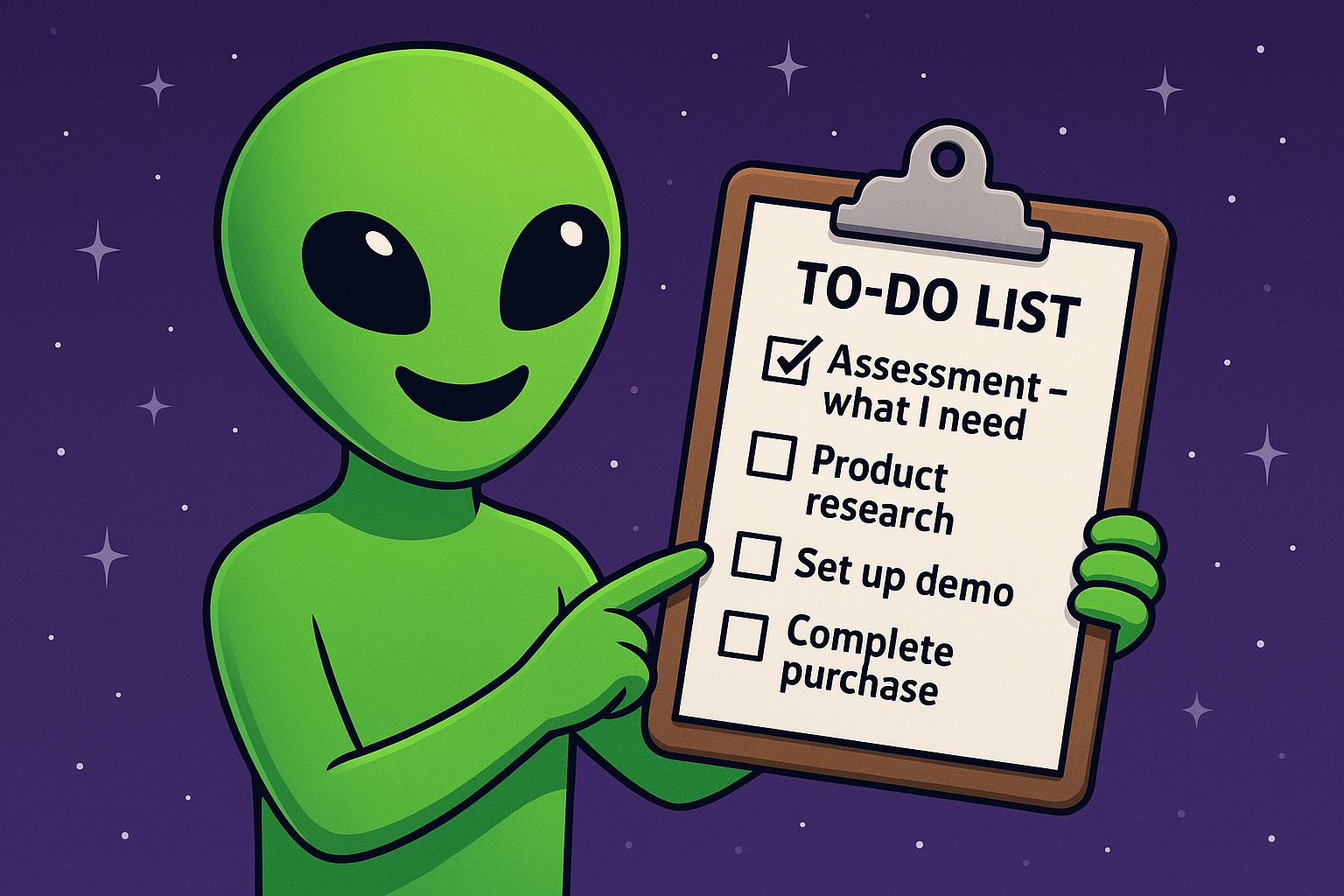 FirstScan alien holding a to-do list